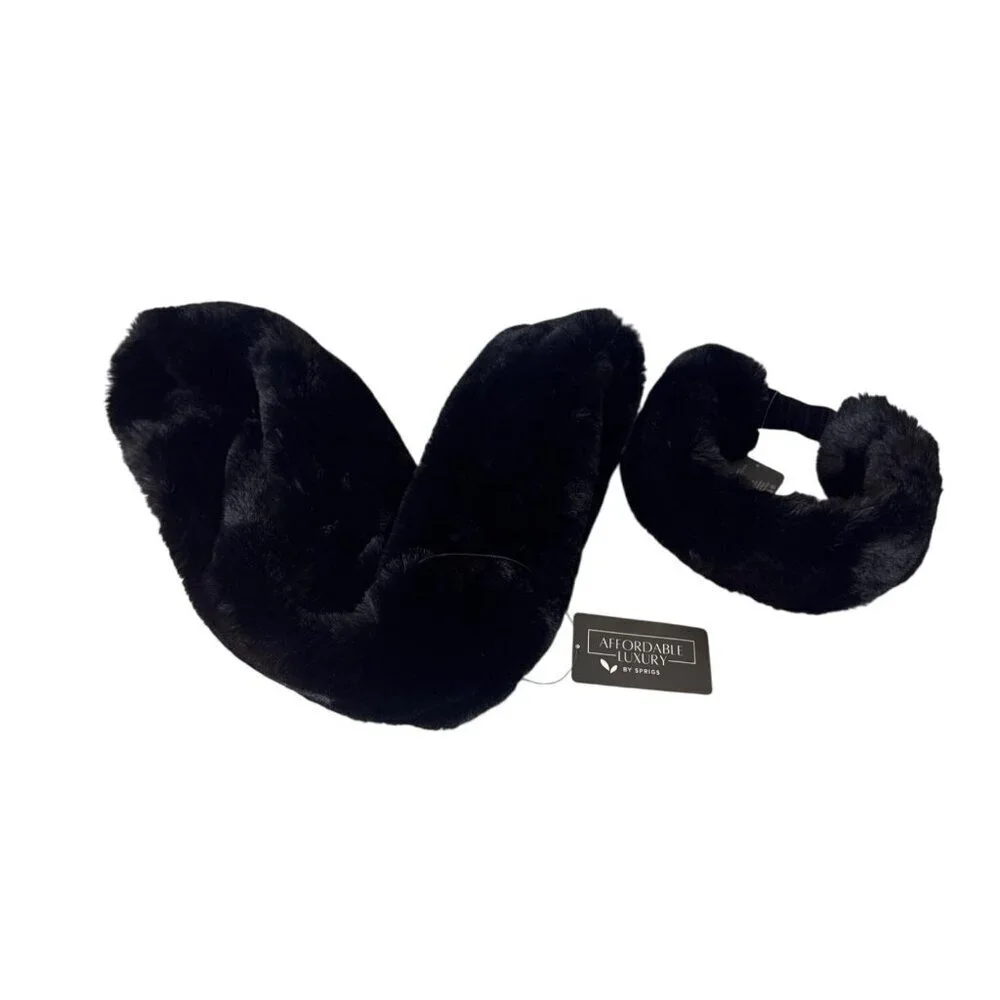 Sprigs Black Faux Fur Infinity Scarf & Headband Set For Women